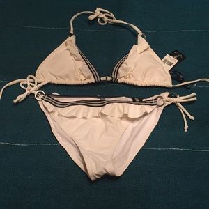 White and navy striped ruffle bikini